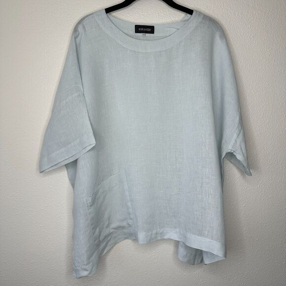 Eskandar Light Blue Boxy Linen Short Sleeve Front Pocket Round Neck Blouse Top 6 - Picture 1 of 12